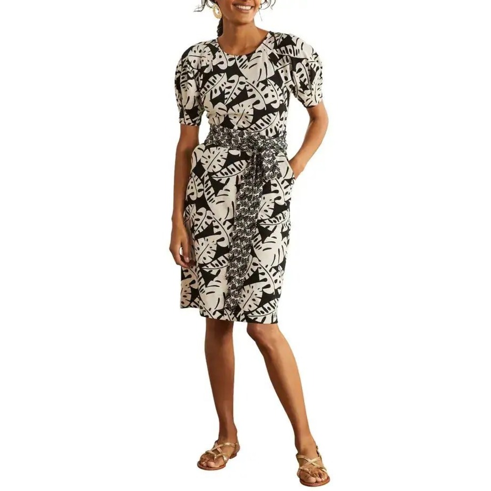 Boden Jersey Dress Womens 12 Black White Monstera Leaf Print Short Sleeve Pocket